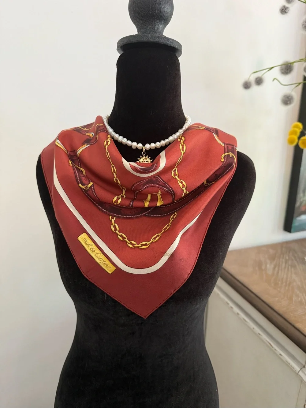 Cartier Silk Scarf Brown Yellow Chain Belt Hand Rolled Made in France